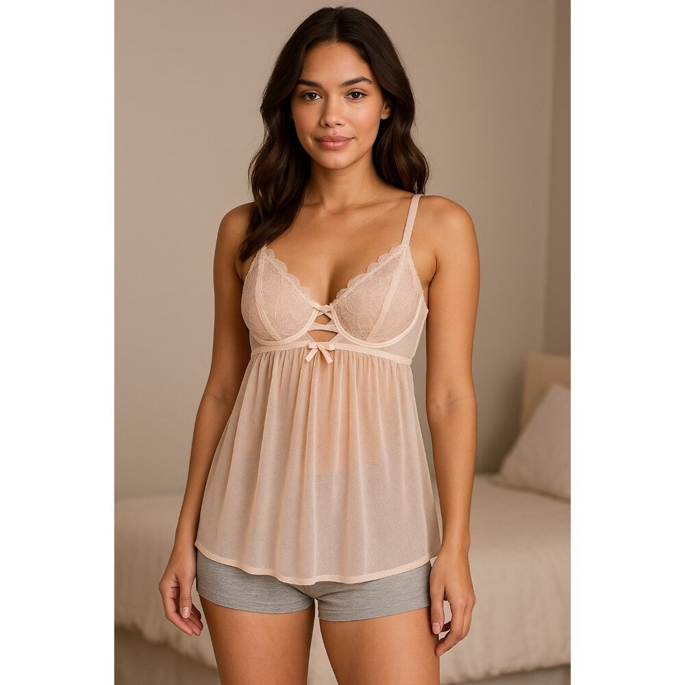 Rachel Babydoll Lingerie Chemise Nightie Lace Mesh Sheer Pink Size M Adjustable